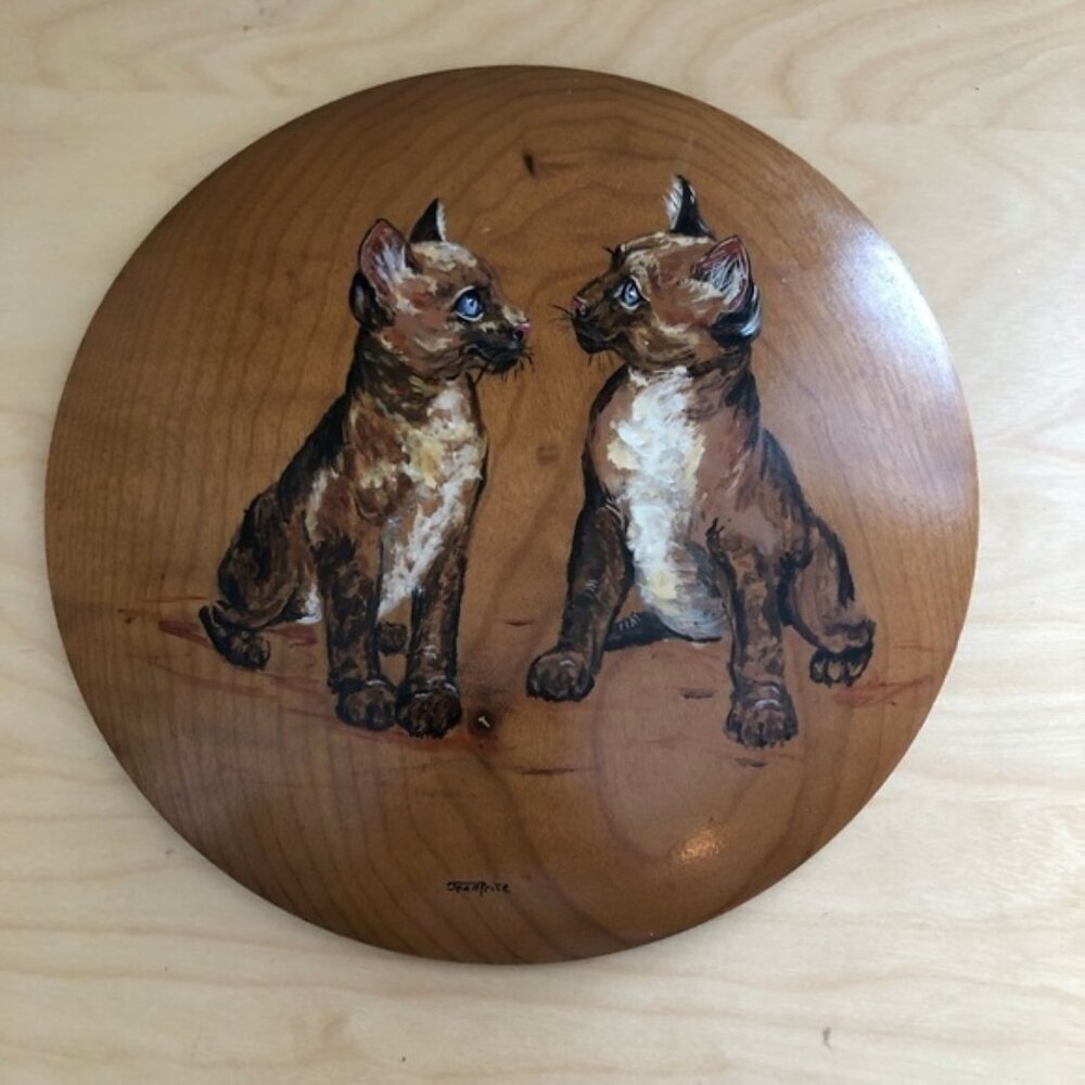 Vintage Artist Jean Price Hand Painted Playful Kittens Wall Plaque on Myrtlewood
